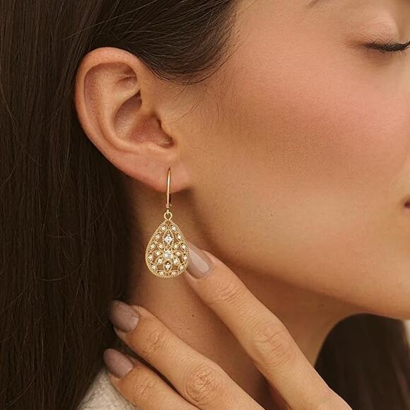 14K Dainty Gold Dangle Earrings Trendy Hypoallergenic for Women - Picture 2 of 5